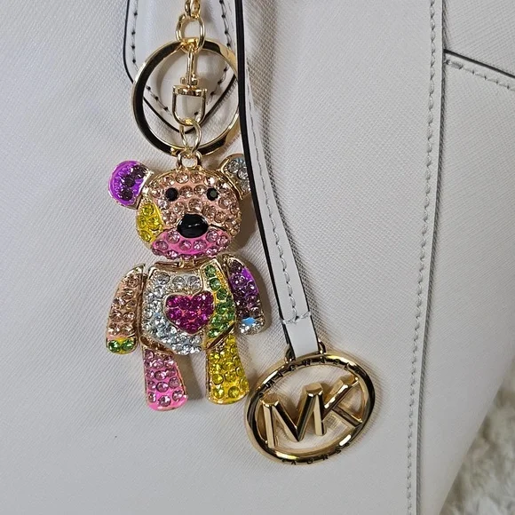 Michael Kors White Tote with Bear Charm Added EUC LIKE NEW - Picture 3 of 13